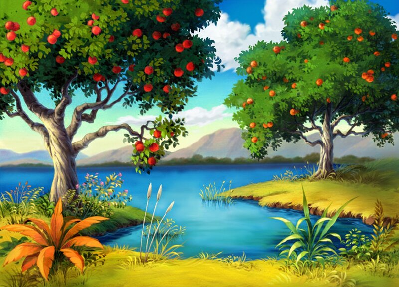 Apple Trees by a Lake