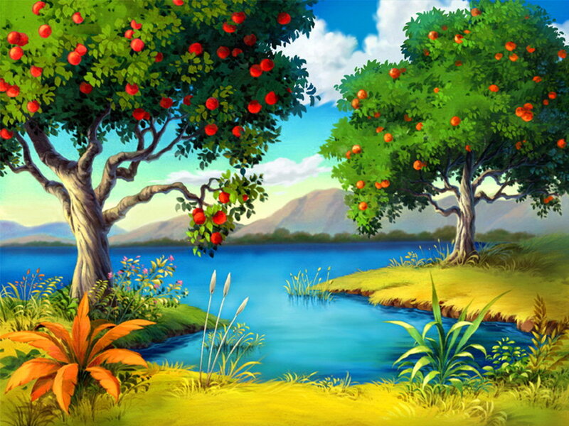 Apple Trees by Lake — Green, Serene