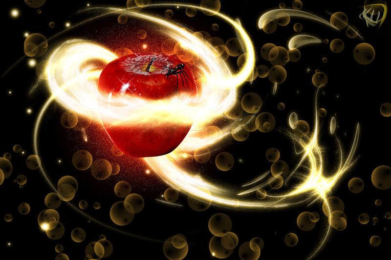 apple with insect in glowing aura