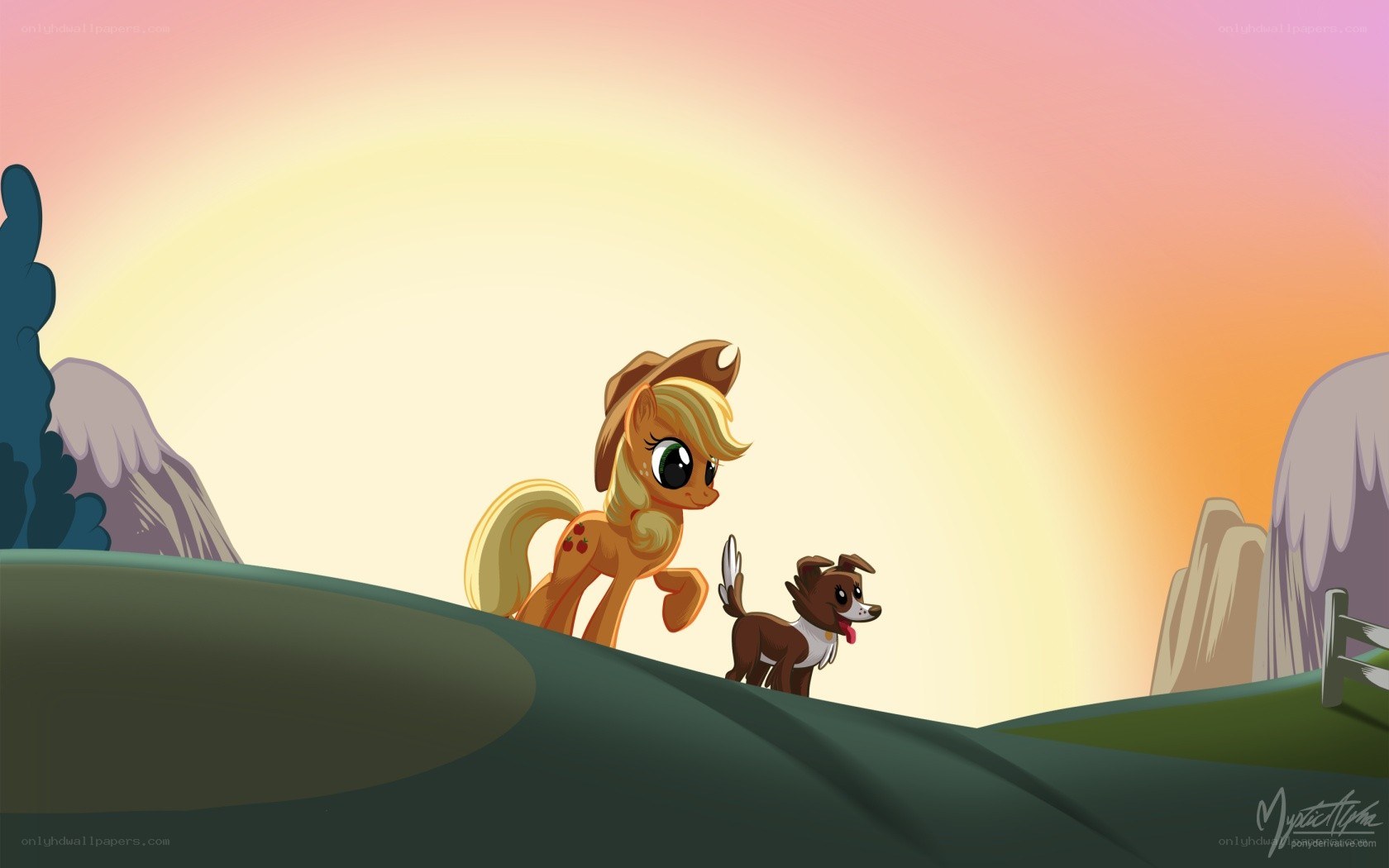 Applejack and dog at sunset