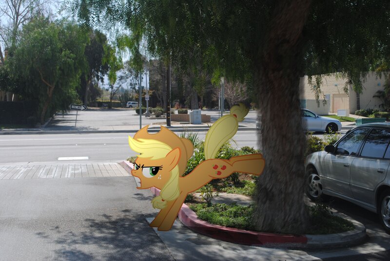 Applejack on a sidewalk