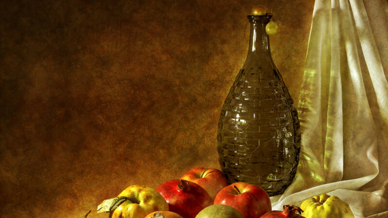 Apples and a Glass Bottle