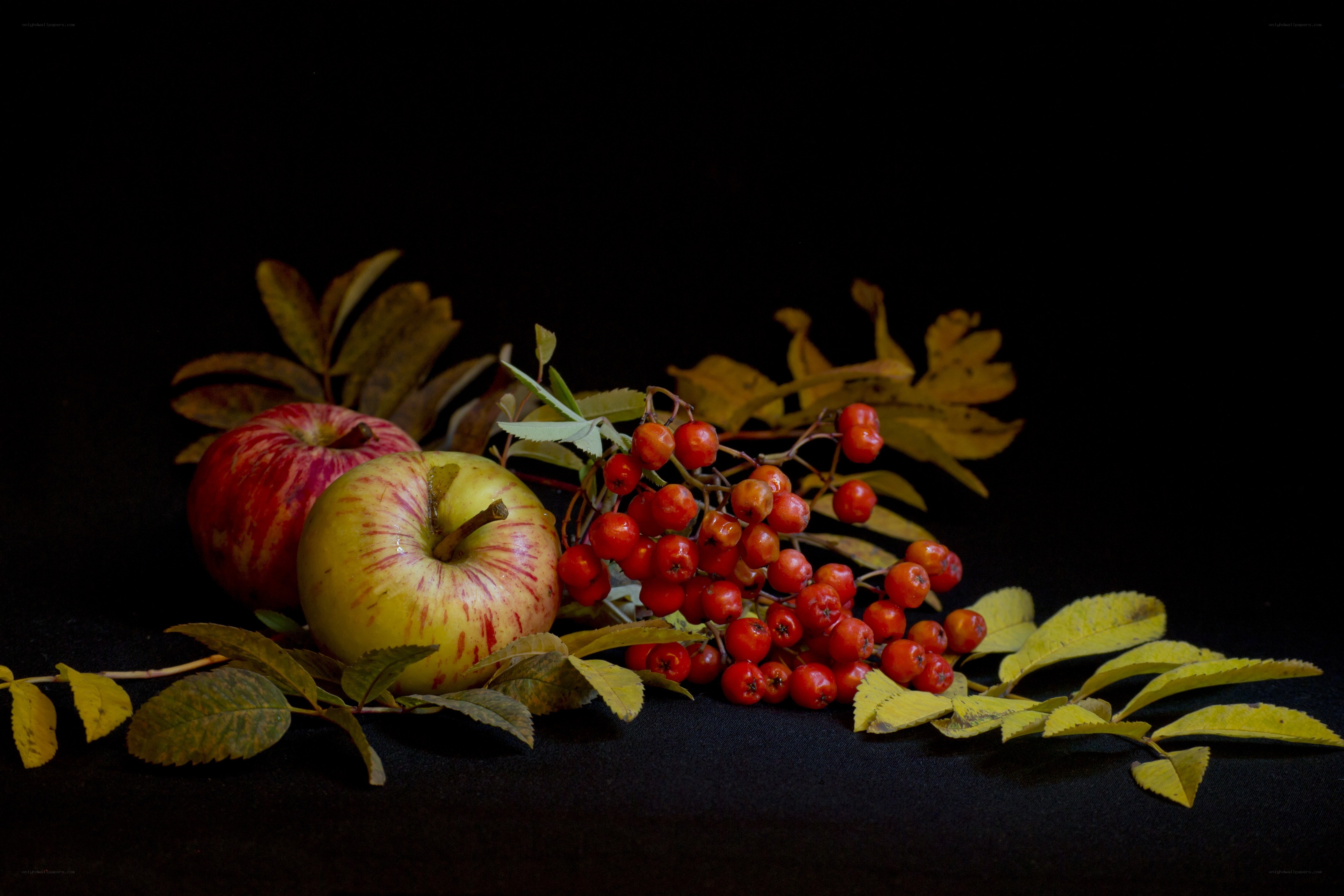Apples and berries on black