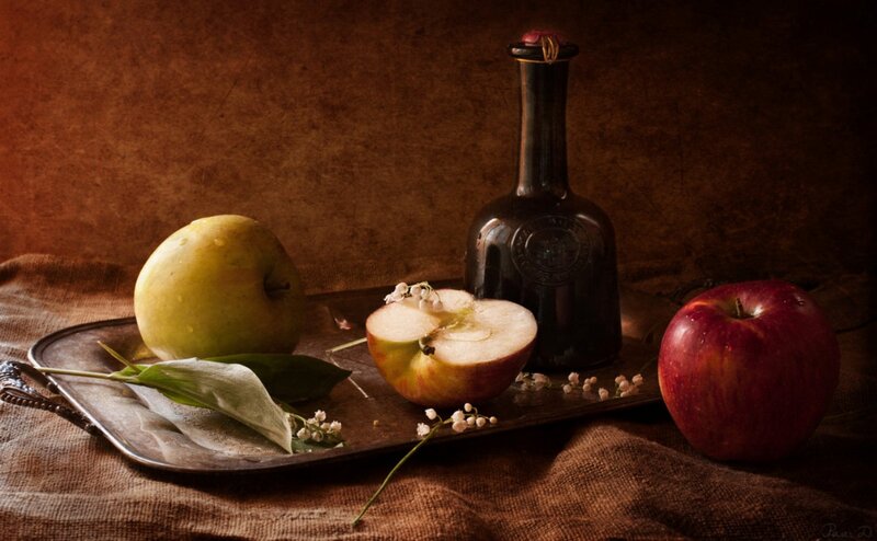 Apples and Bottle on Tray
