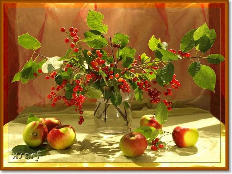 Apples and Cherries in Vase
