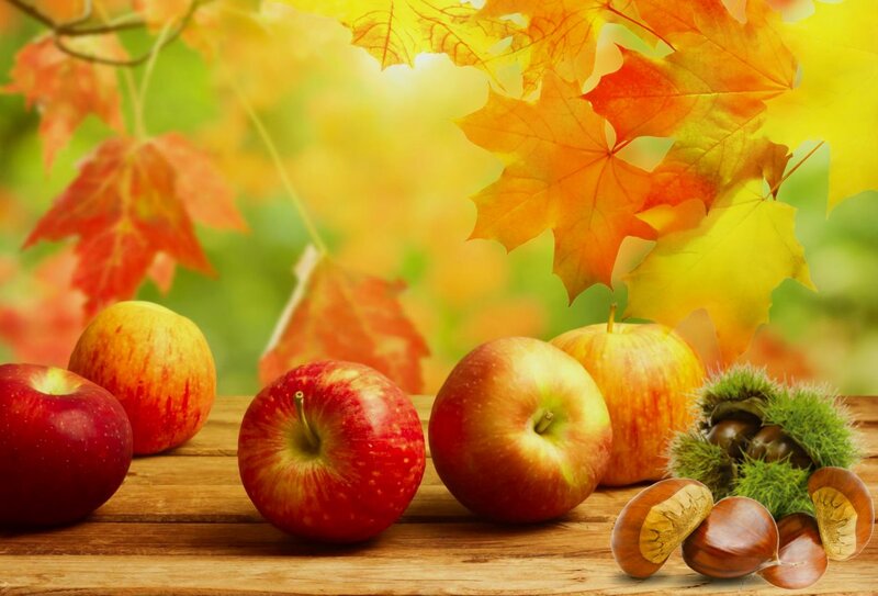 Apples and Chestnuts on Wood