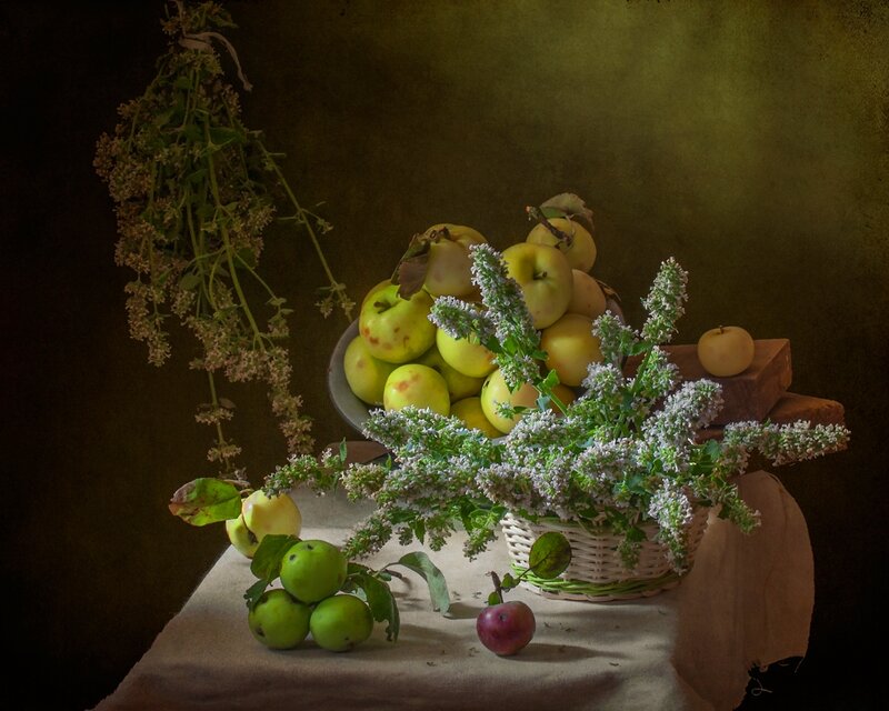 Apples and Flowers in Basket