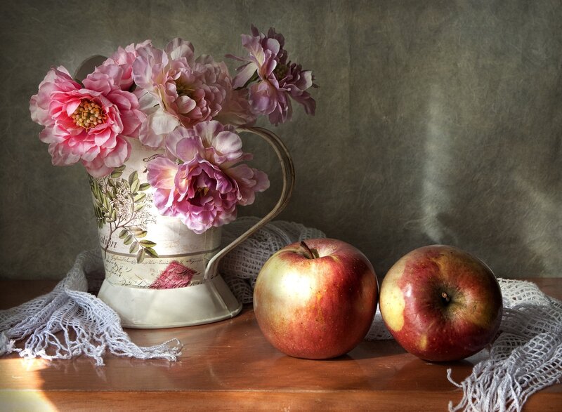Apples and Flowers in Pitcher — Red, Serene