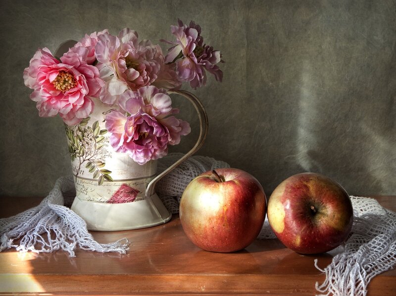 Apples and Flowers in Pitcher — Red