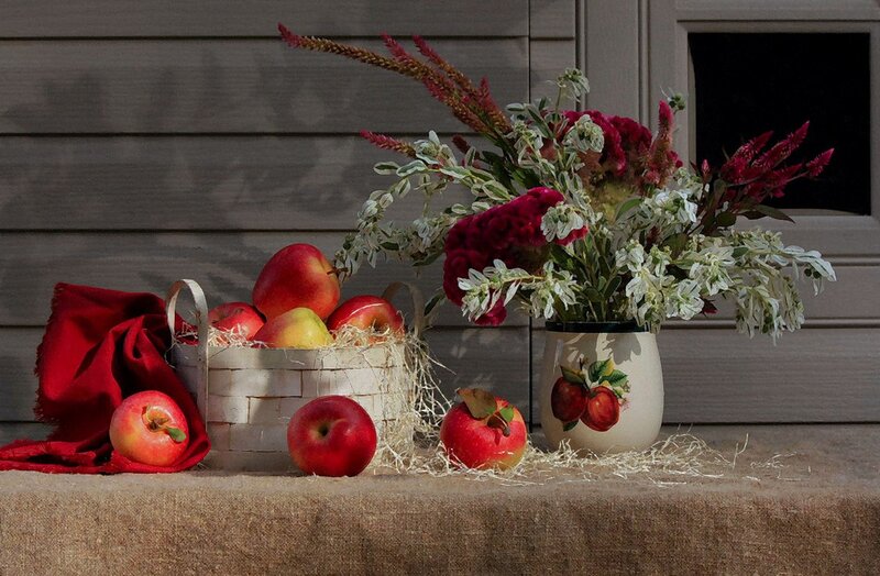 Apples and Flowers in Vase