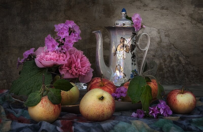Apples and Flowers on Table — Pink