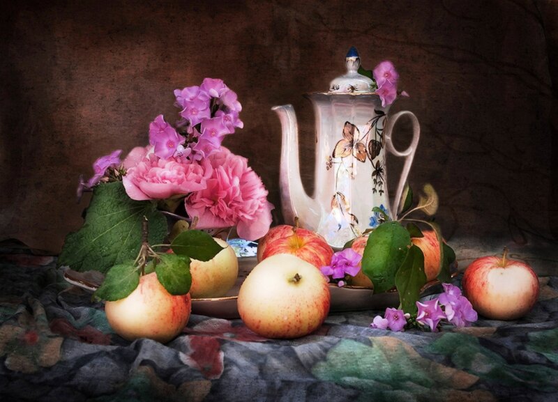 Apples and Flowers on Table