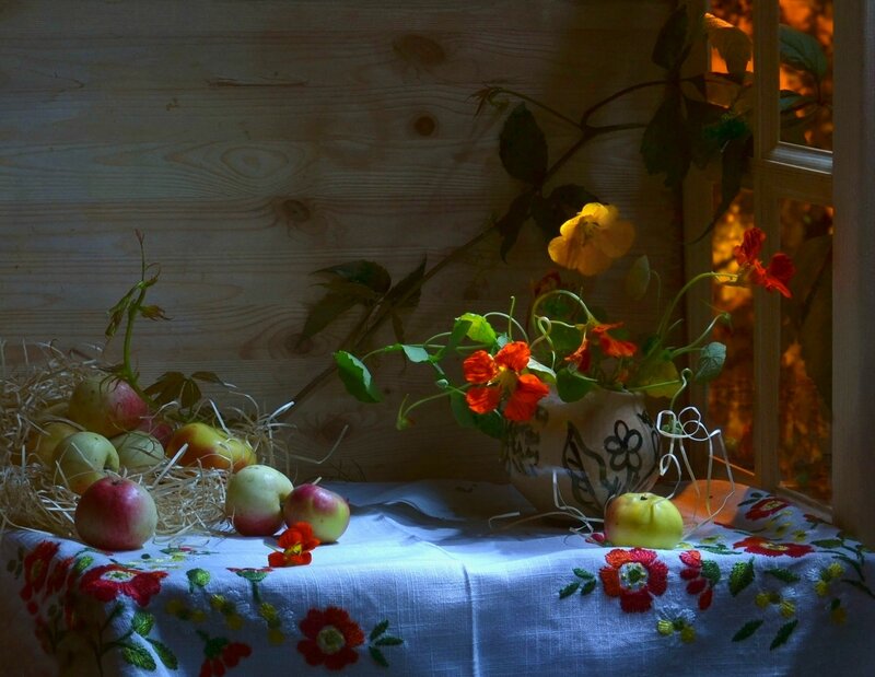 Apples and Flowers on Table — White