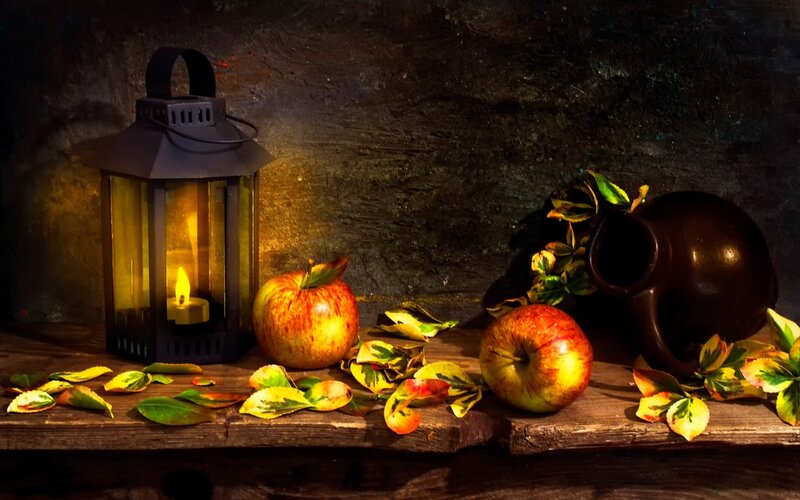 Apples and Lantern on Wood