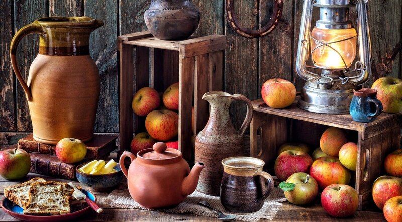 Apples and Pottery on Table