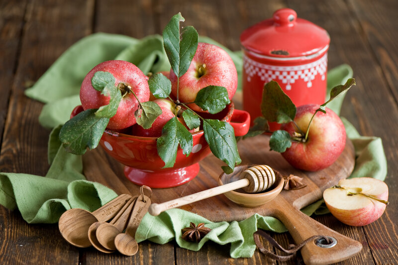 Apples in Red Bowl — Rustic