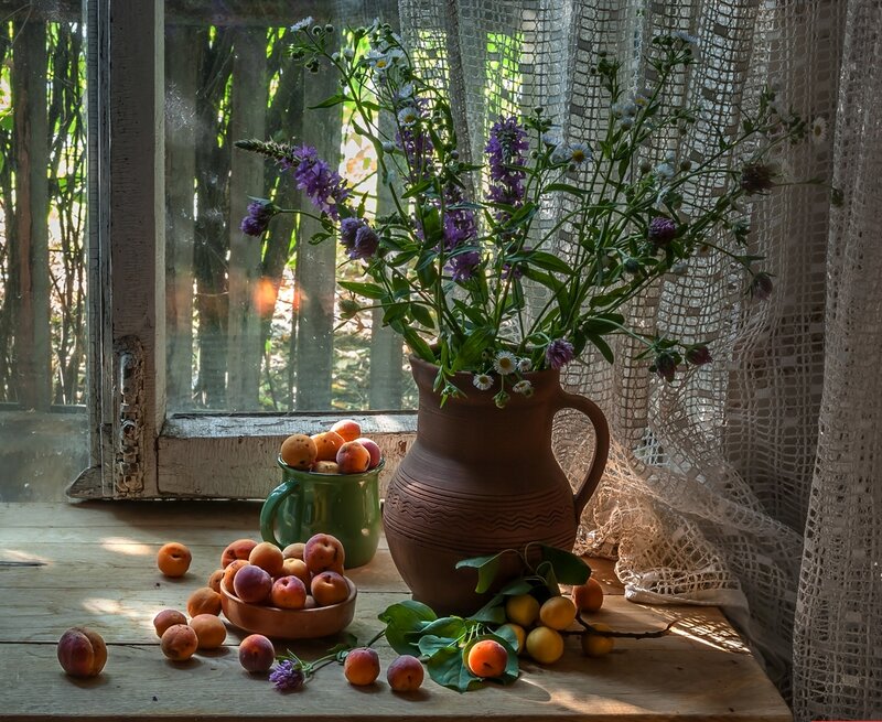 Apricots and Flowers on Windowsill