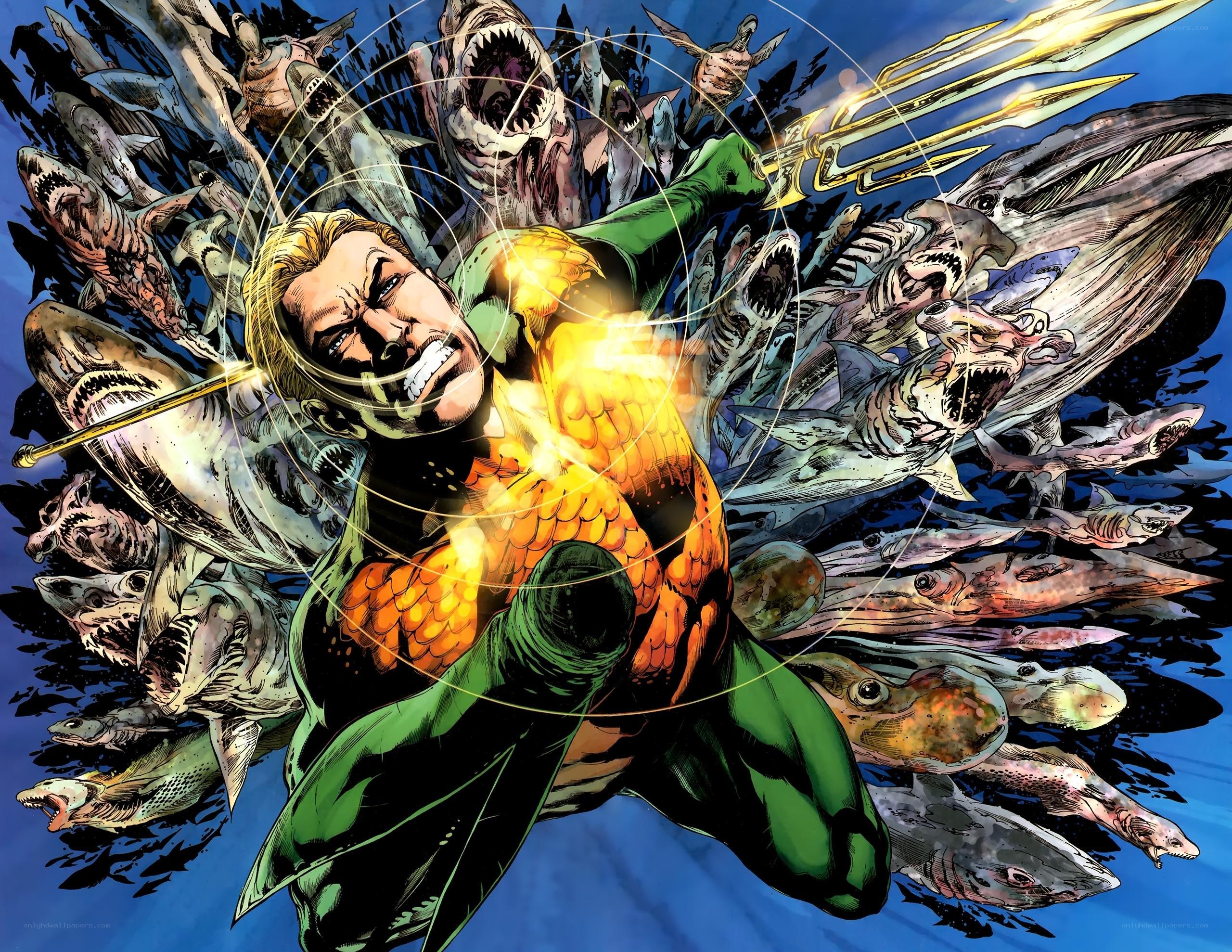 Aquaman surrounded by sea creatures