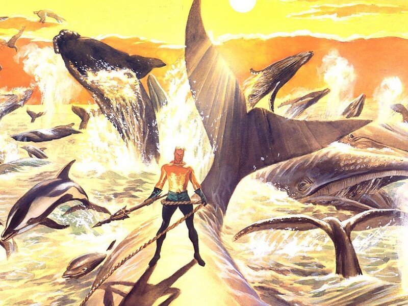 Aquaman with whales at sunset