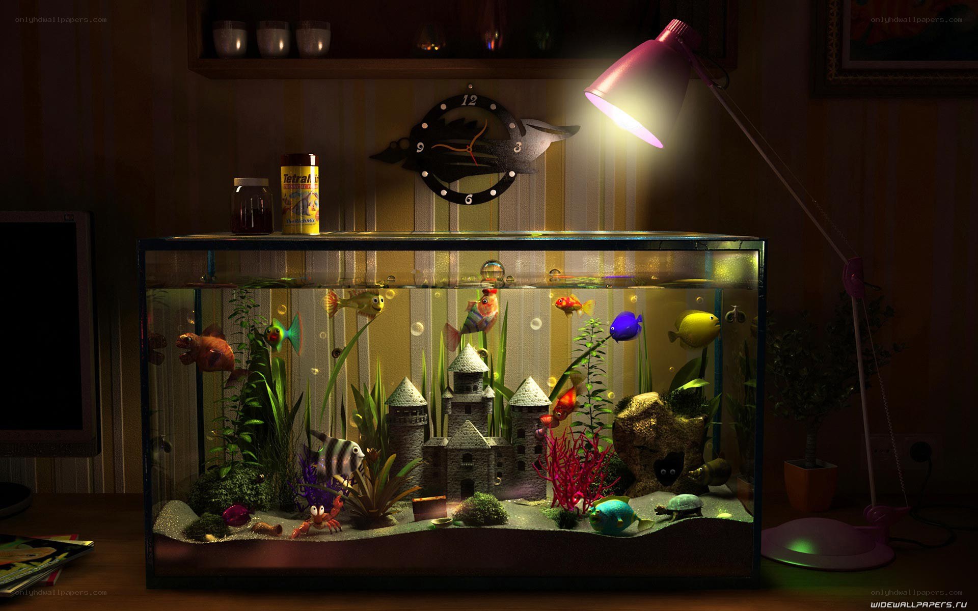 Aquarium with castle and fish