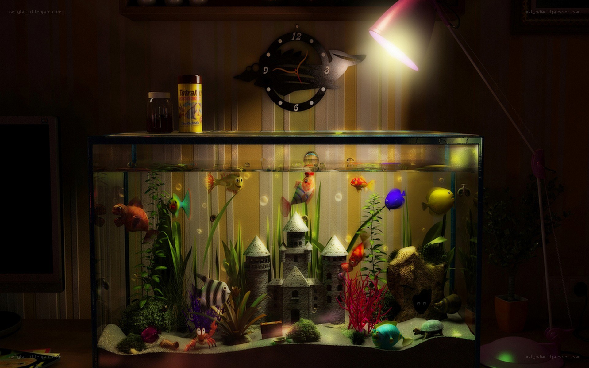 aquarium with fish and castle