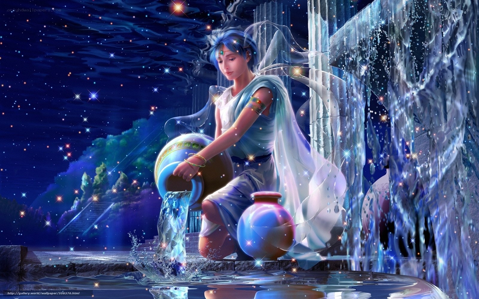 Aquarius pouring water at night