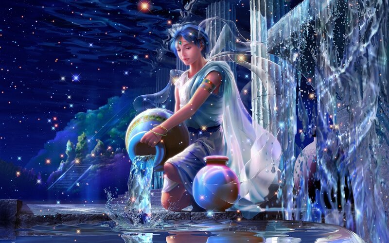 Aquarius pouring water under stars