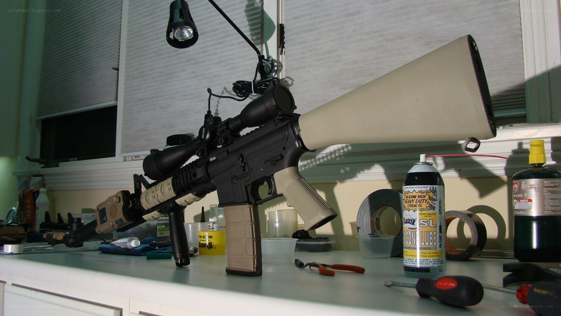 AR-15 rifle on workbench