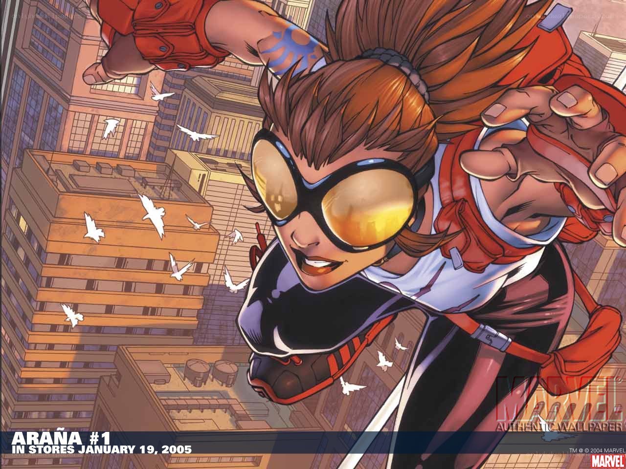 Araña flying over city