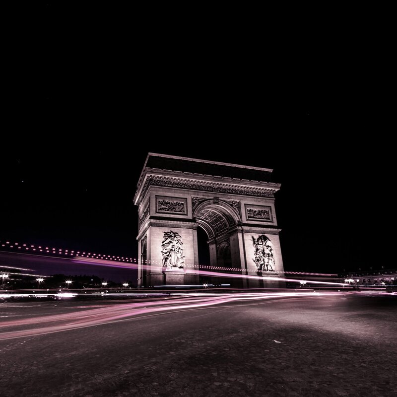Arc De Triomphe at Night — Black, Dramatic, Photograph, Light Trails