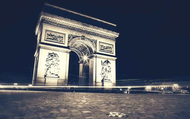 Arc De Triomphe at Night — Black, Dramatic, Photograph, Sculptures, Light Trails