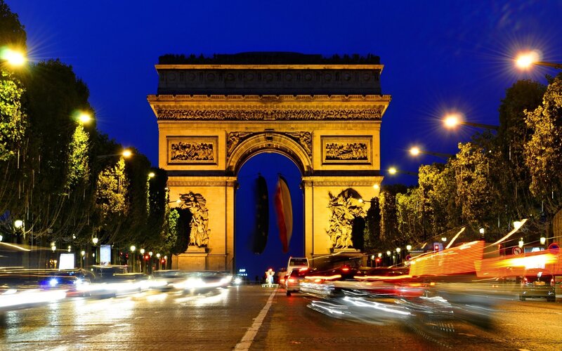 Arc De Triomphe at Night — Blue, Dramatic, Photograph, Cars