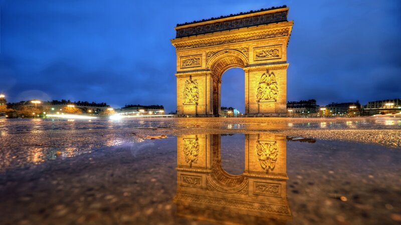Arc De Triomphe at Night — Blue, Dramatic, Photograph, Puddle