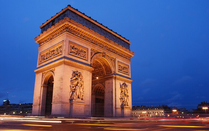 Arc De Triomphe at Night — Blue, Dramatic, Photograph, Sculptures, Traffic Lights