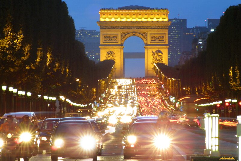 Arc De Triomphe at Night — Yellow, Dramatic, Photograph, Traffic