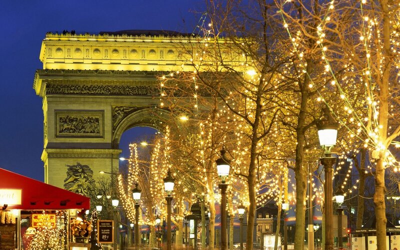 Arc De Triomphe at Night — Yellow, Festive, Photograph, Trees, Lights