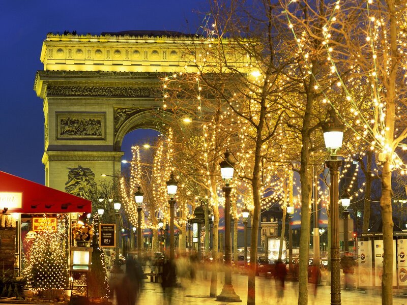 Arc De Triomphe at Night — Yellow, Festive, Photograph, Trees, Streetlights