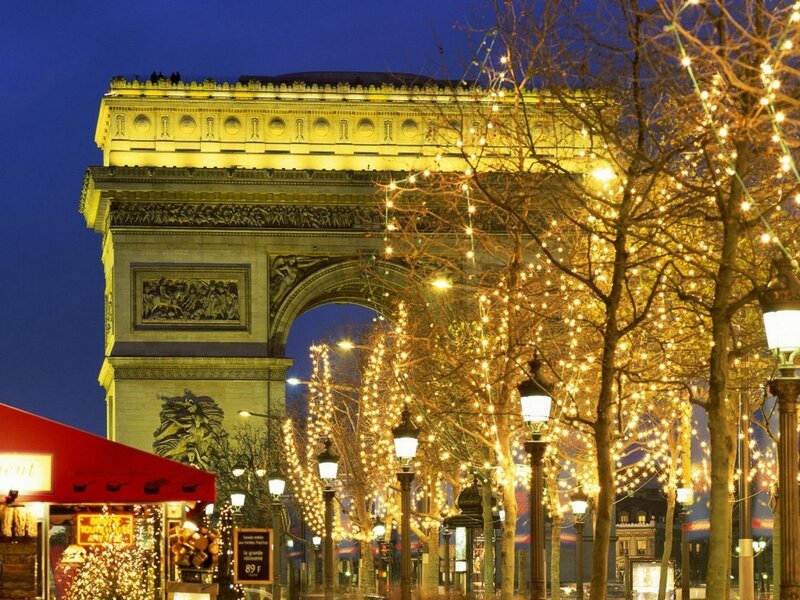 Arc De Triomphe at Night — Yellow, Festive, Photograph, Trees