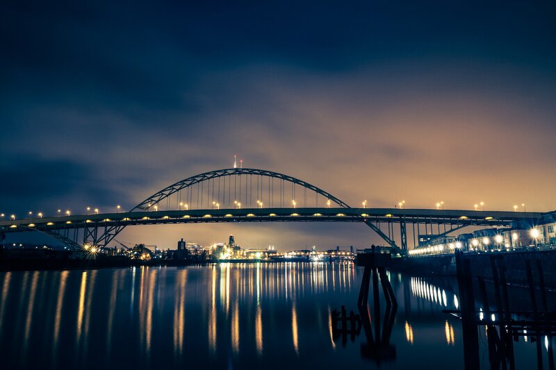 Arch Bridge at Night — Blue, Calm, Photograph