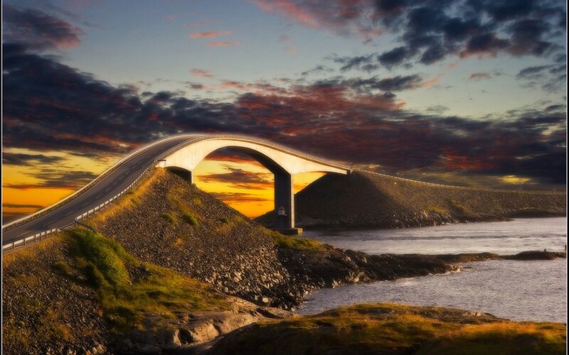 Arch Bridge at Sunset — Orange, Dramatic, Photograph