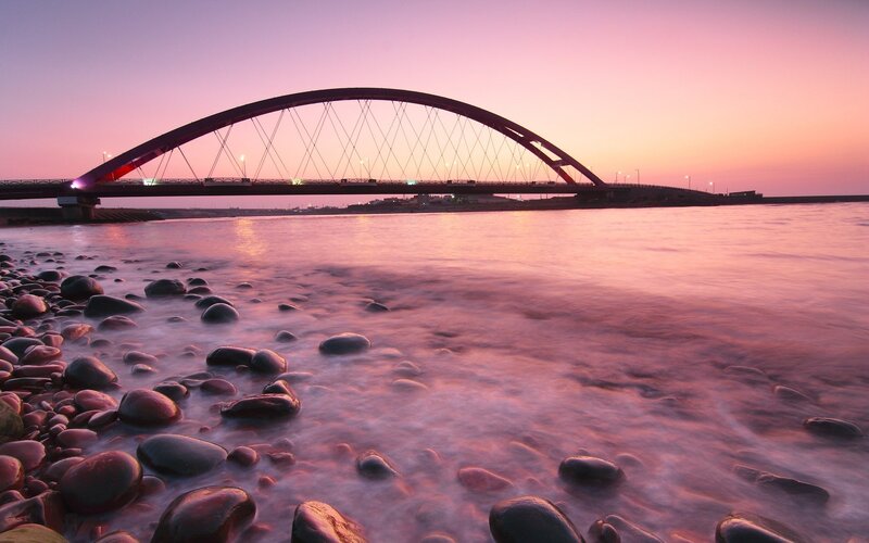 Arch Bridge at Sunset — Pink, Serene, Photograph, River