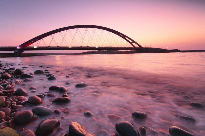 Arch Bridge at Sunset — Pink, Serene, Photograph