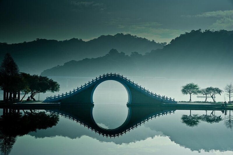 Arch Bridge in Mist — Blue, Serene