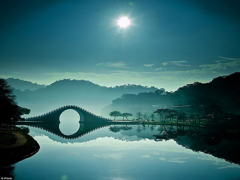 Arch Bridge over Lake — Blue, Serene, Morning
