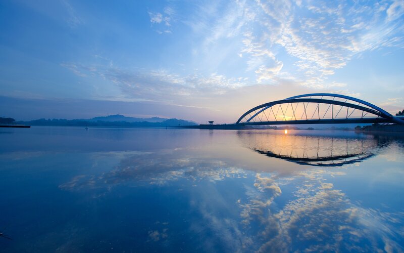 Arch Bridge over Lake — Blue, Serene, Sunrise