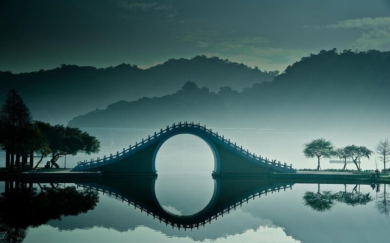Arch Bridge over Lake — Blue, Serene