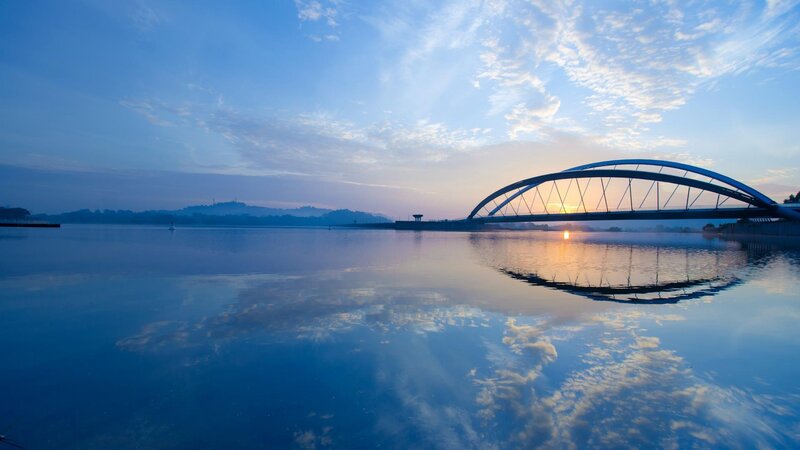Arch Bridge over Lake — Blue