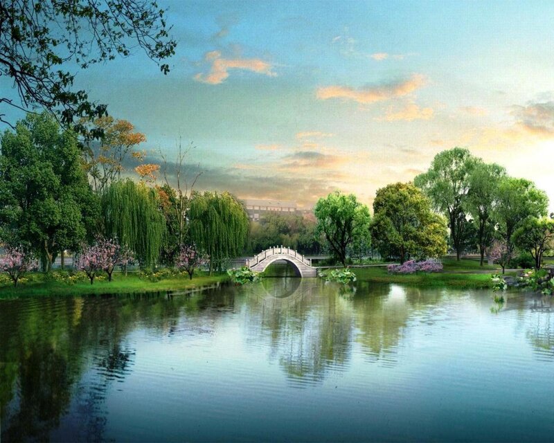 Arch Bridge over Pond — Green, Serene