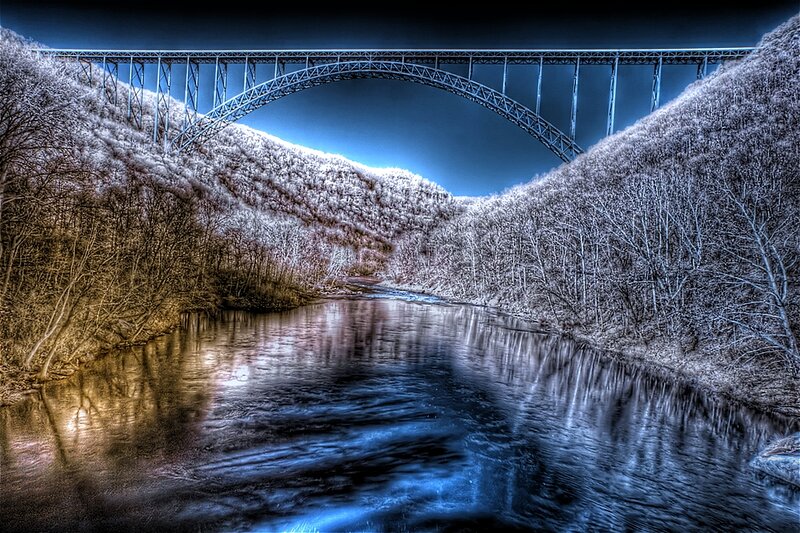 Arch Bridge over River — Blue