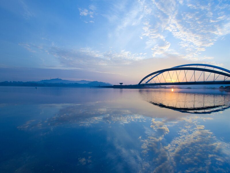 Arch Bridge over Water — Blue, Serene